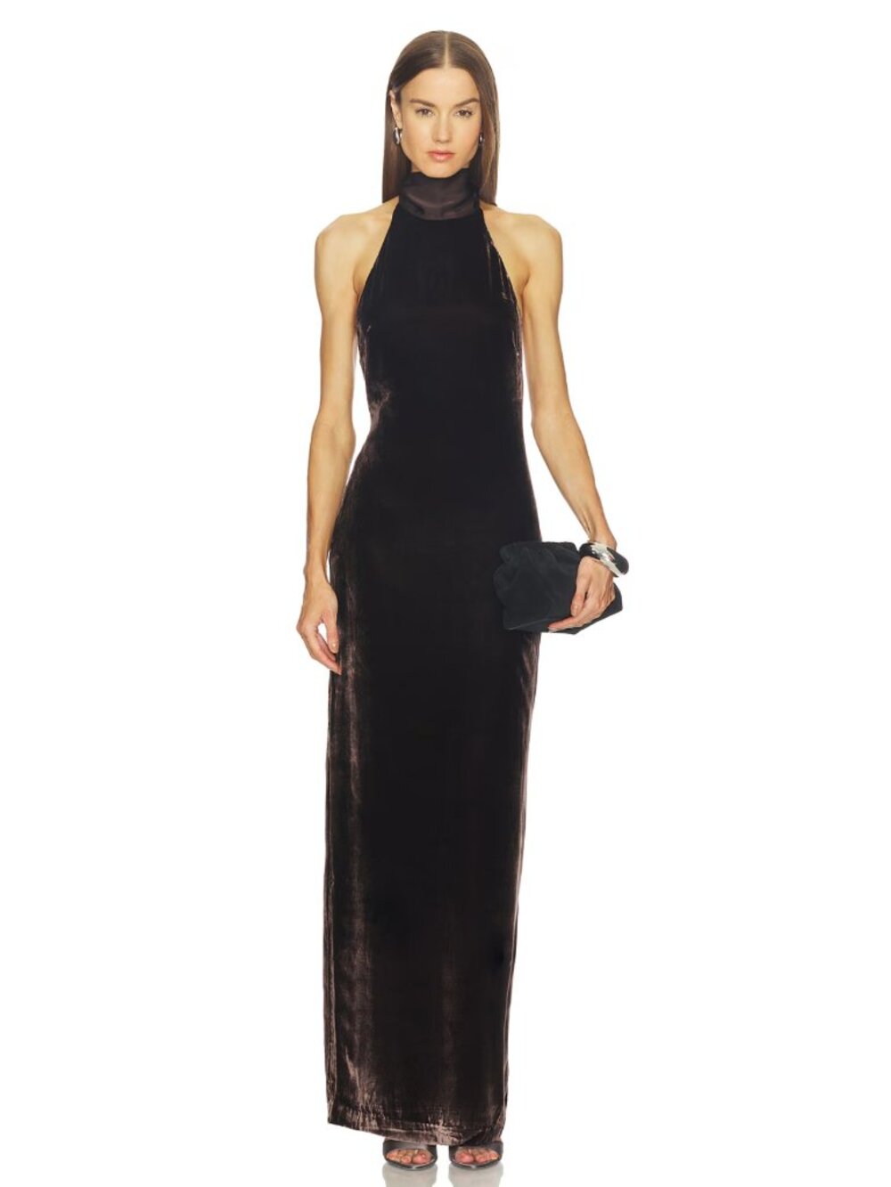 NEW SRG Delia Maxi Dress in Chocolate Brown Velvet Halter Neck Tie Scarf Gown